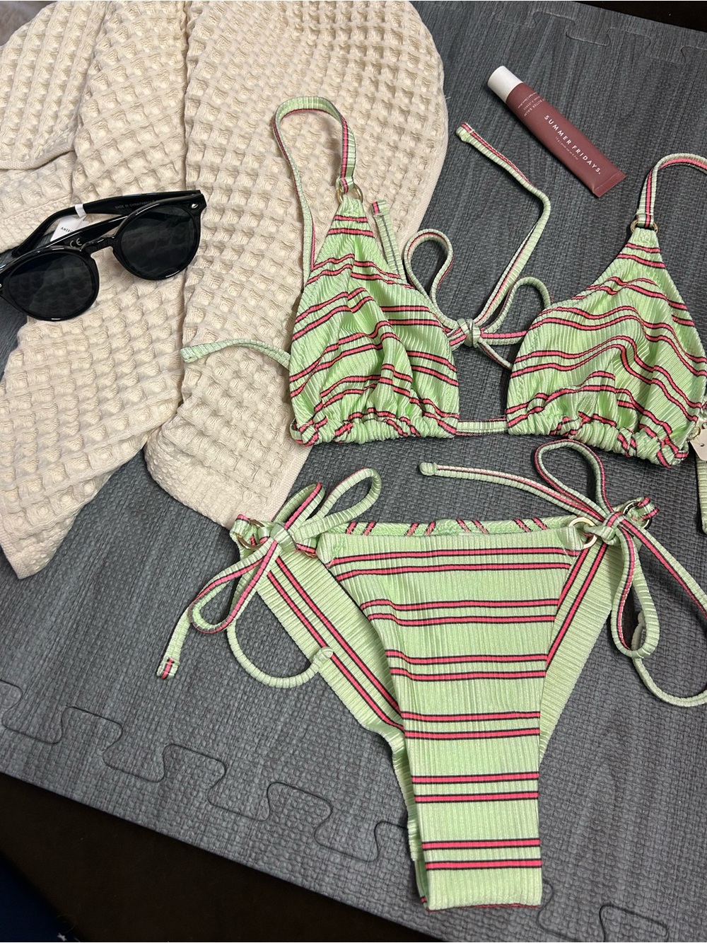 NWT Aerie Striped Triangle Bikini set in Mint Green - Picture 2 of 13